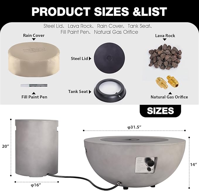 31.5 Round Propane Fire Pit Table50000 BTU Outdoor Gas Fire Table with Tank Cover &amp LidGray Concrete Firepit for PatioBackyardGarden and Pool