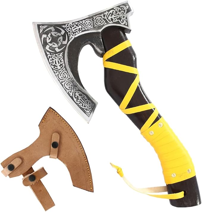 TheBoneEdge 14 Yellow Leather Wrapped Handle Steel Blade Hunting Axe with Sheath