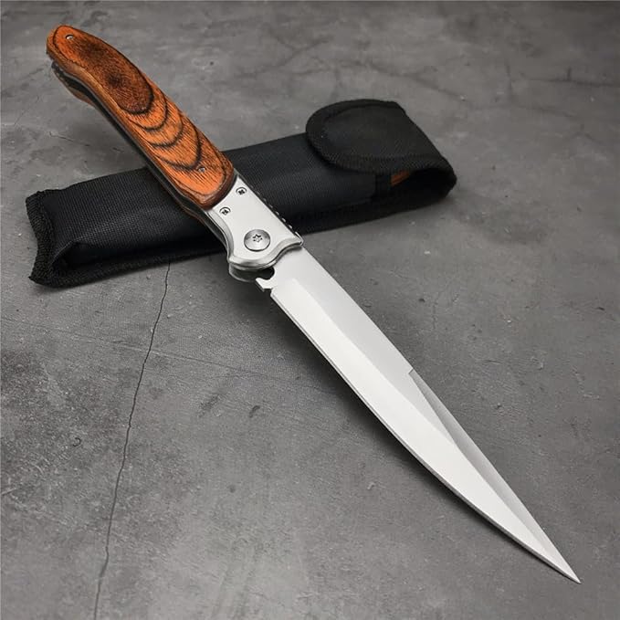 12'' Tactical Folding Knife 420 Stainless Steel Blade Red-colored Wood Handles with Slide Safety Lock Outdoor Camping EDC Tools