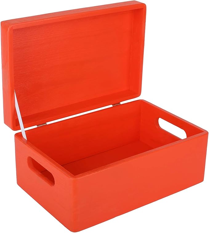 Creative Deco Large Red Wooden Box Storage with Hinged Lid | 11.8x7.87x5.51in (+-0.5) | Keepsake with Handles | Gift Box for Tool Dog Toy Shoes Kitchen Storage | Wood Keepsake Chest Trunk