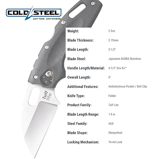 Cold Steel Tuff Lite 2.5 AUS8A Sheepsfoot Razor-Sharp Plain Blade 3.5 Griv-Ex Black Handle Pocket Folding Knife Blister Pack