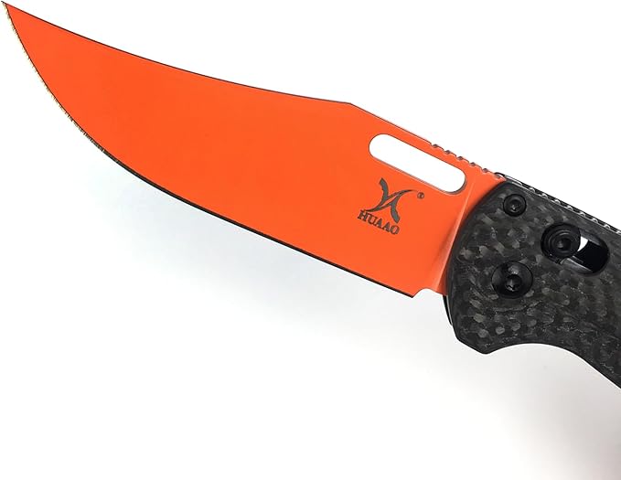 HUAAO Manual Open Folding Knife with 3.43’’ Orange D2 Blade Black Carbon Fiber Handle EDC Pocket Knife with Clip for Camping Hunting
