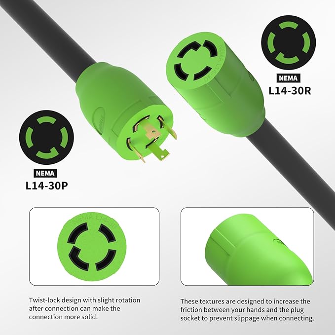 100FT 30 Amp Generator Extension Cord NEMA L14-30P/L14-30R 10 Gauge Twist Lock Cord 4 Prong STW Heavy-Duty Waterproof Generator Cord Black