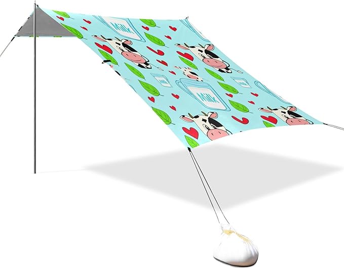 Beach Canopy with Windproof Ropes &amp Sandbags Beach Tent Sun Shade Sun Shelter for Camping Trips Fishing Backyard Fun or Picnics Cartoon Cows