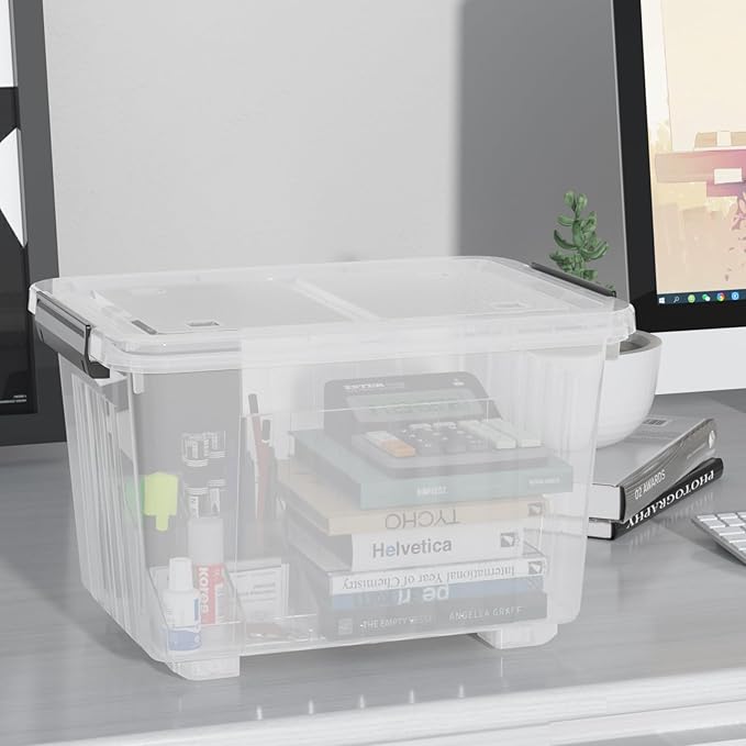 30 Quart 4 Pack Plastic Storage Bins with Latching Lids and Wheels Clear Latch Box Container