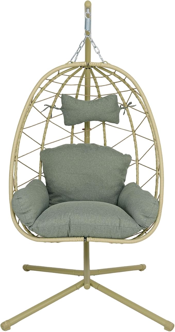 Hanging Egg Chair with Stand Outdoor Indoor Patio Rattan Swing Hammock Chairs with Washable Cushion PE Wicker Swing Chair for Backyard Bedroom Garden (Cyan + Dark Green Cushion No Footrest)