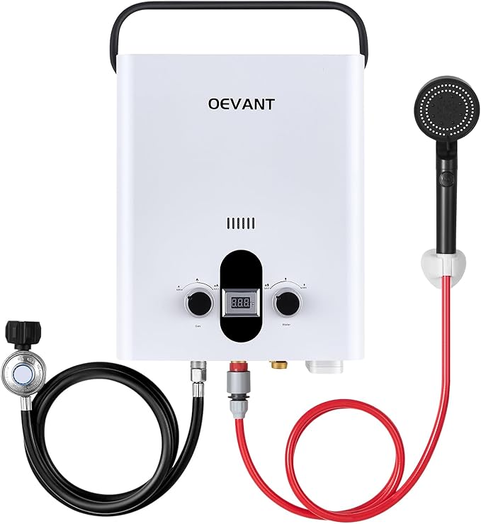 Propane Water Heater 1.32 GPM 5L Portable Tankless Water Heater with Overheating Protection Upgrade Screw-free Back Shell Instant Hot Water for RV Camping Outdoor Shower (WHITE)