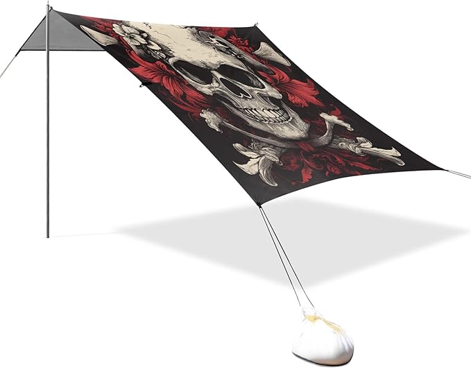 ALAZA Skull Pirates with Red Floral Ornament Beach Tent Sun Shelter Portable Canopy Sunshade for Outdoor Camping Picnics Backyard Fun 10x9 ft