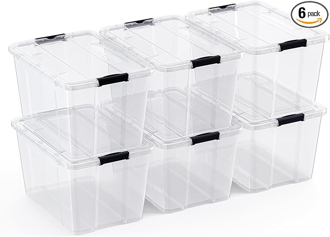 Lifetime Appliance Parts 6 PACK 34 Qt. Plastic Storage Bin Tote Organizing Container with Ultra Durable Lid &amp Secure Latching Buckles Stackable Extra Strength Clear w/Black Handle
