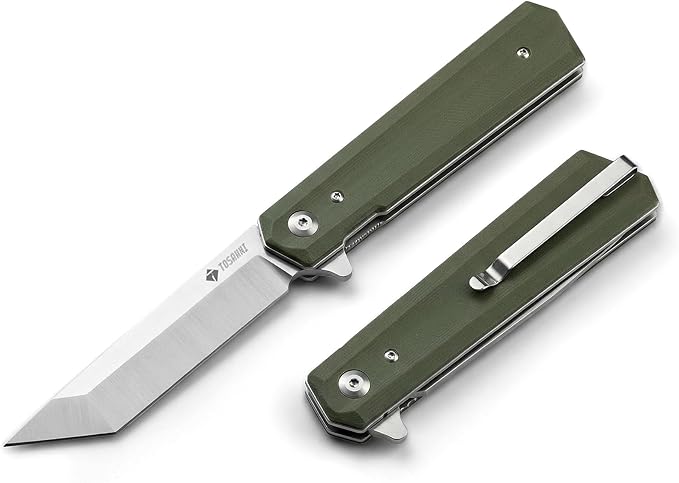 Pocket Folder Folding Knife: 3.54 5CR15Mov Steel Grey titanized Satin Blade G10 Scales Flipper Liner Lock EDC Reversible Deep Clip -Green