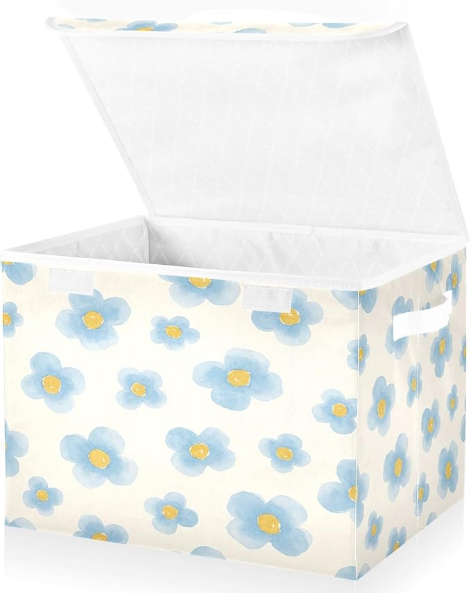 Foldable File Organizer Box with Lid 11.8x12.6x16.5 Light Blue Flowers Storage Bin for Office Document &amp Home Organizer