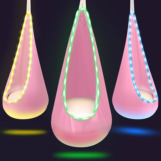 Light Up Swing Chair Hammock Chair Indoor Outdoor for Kids Pod with LED Lights Soft and Safe 176 lb. Load Capacity Easy Installation Perfect for Bedroom Garden and Playroom (Pink)