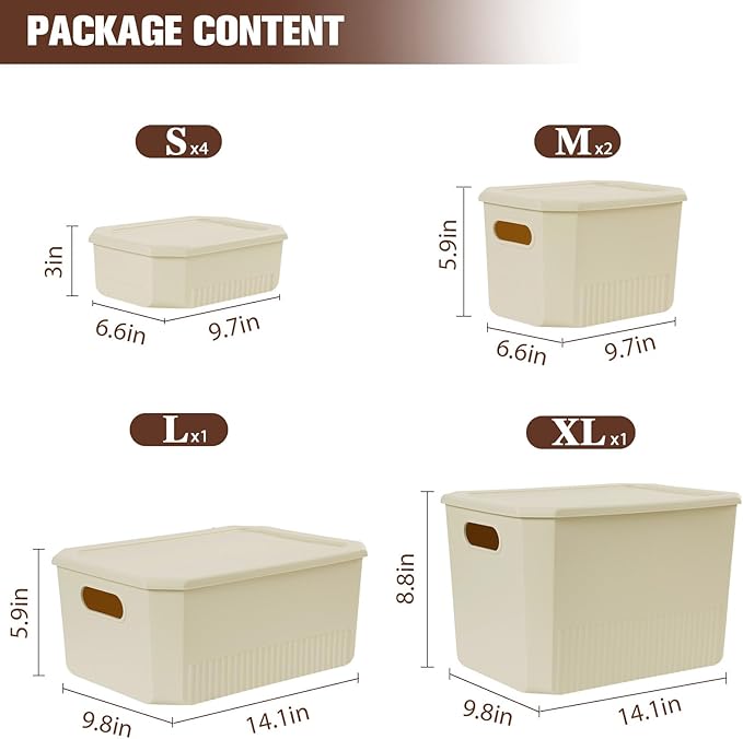 ANMINY 8PCS Plastic Storage Bins Containers with Lids Large Storage Organization Bins Boxes Lidded Plastic Storage Baskets for Closet Shelves Desktop Ivory Lids 1XL + 1L + 2M + 4S