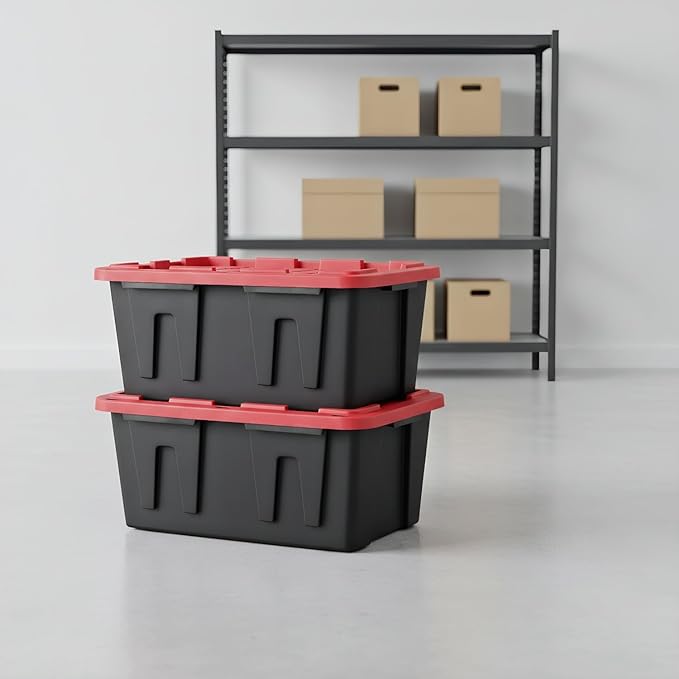 27 Gallon Heavy-Duty Storage Totes with Secure Snap Lids 2-Pack Stackable Plastic Bins for Garage Basement Attic Organization - Black Base &amp Red Lid Lockable Design for Indoor/Outdoor Use (2 P