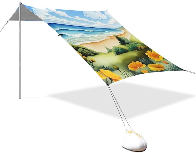 Beach Canopy with Windproof Ropes &amp Sandbags Beach Tent Sun Shade Sun Shelter for Camping Trips Fishing Backyard Fun or Picnics Beach
