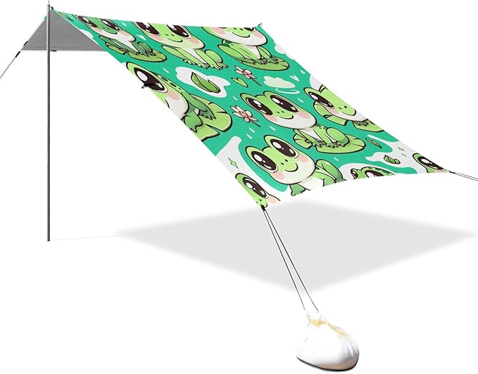 Cute Frogs Green Beach Tent Sun Shelter Set UPF50+ UV Protection 10.5 x 9.19 FT Camping Shade Canopy with Sandbags Sand Anchors Carrying Bag and Others