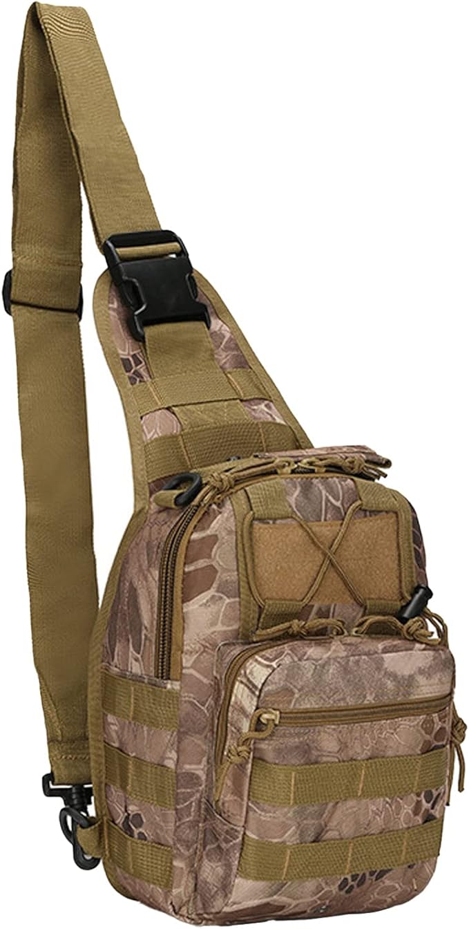 Tactical Crossbody Military Sling Bag Waterproof Oxford Shoulder Bag MOLLE Chest Bag Assault Back Pack One Strap Backpack for Outdoor Camp Hiking Cycling Running Python Khaki