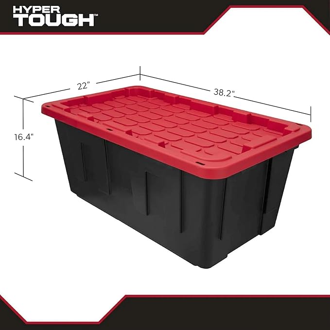 Tough 40 Gallon Plastic Storage Bin with Snap Lid Stackable Lockable Black/Red Set of 2 Heavy-Duty Durable Multi-Purpose Storage Containers for Indoor &amp Outdoor Use