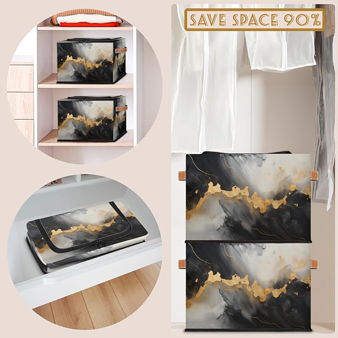 Marble Storage Bins with Zipper Lid Gold Black Marble Fabric Lidded Storage Baskets Cubes with Handles Decorative Foldable Shelf Closet Organizer Container