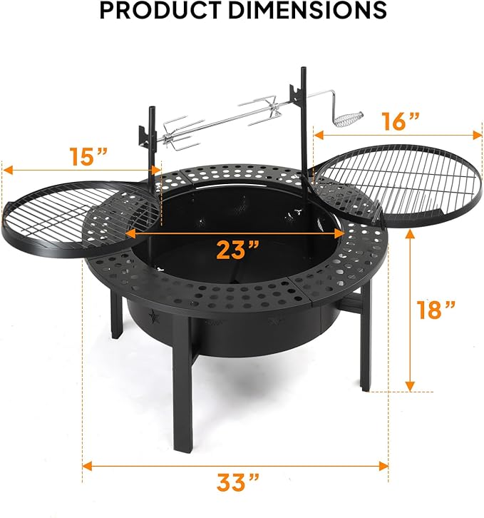 ROVSUN Upgrated 33'' Outdoor Fire Pit with 2 Grills Grill with Side Shelves Wood Burning Round Firepit with Swivel Cooking Grate Removable Swivel Grill for Backyard Patio Picnic BBQ and Parties
