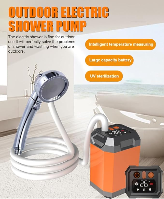 ACAGALA Portable Cordless Camping Shower Outdoor Electric Shower Pump 9000mAh Rechargeable Shower Large Capacity Hiking Traveling Shower Digital Display Bathe Tool