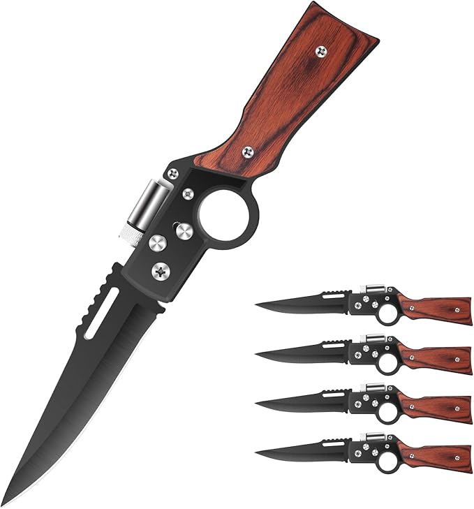 AK47 Style Tactical Folding Pocket Knife（Black） 4-Pack – Bulk Set with LED Light Wood Handle Laser Engraving Ready Groomsmen Gifts for Men Outdoor Camping Hiking Gear (4)