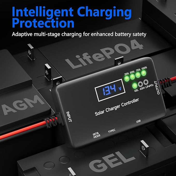 12V 20A PWM Solar Charge Controller with Type-C/USB Output Compatible with LiFePO4/AGM/Gel Batteries Zero Drain Tech Overload &amp Overheating Protection for Solar Power System