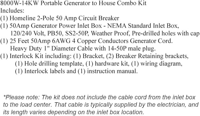 50 Amp Generator Hook-up Kit for Square D 150/200/225 Amp Load Center 25 Ft Power Cord Power Inlet Box Interlock Kit (for Homeline Panel)