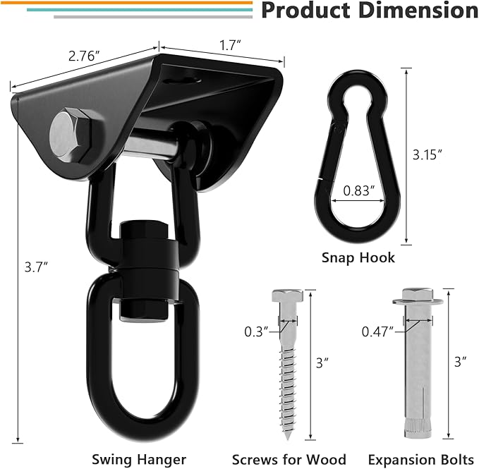 360°Rotating Hammock Hanging Kit Heavy Duty 1200 lb Capacity Stainless Steel Hanging Swing Hooks 2 Pack Swing Hanger for Yoga Hammock Chair Sandbag Swing Sets(Black