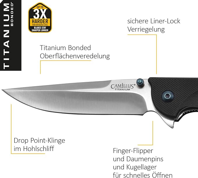 Camillus 19392 Keto Titanium Bonded 420 Stainless Steel Drop-Point Folding Knife with 3 Blade and Pocketclip 8 Length