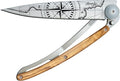 deejo - 37G Folding Pocket Knife with Belt Clip - Terra Incognita Design 3.7-Inch Stainless Steel Blade Olive Wood Handle - Lightweight Everyday Carry for Home Work and Outdoor Use