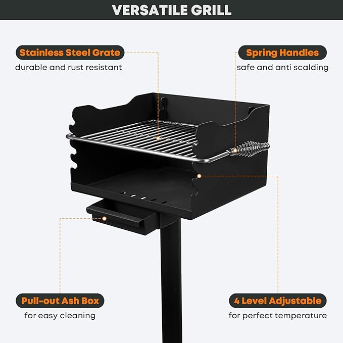 Stanbroil Charcoal Barbecue Grill for Outdoor Heavy Duty Steel Park BBQ Grill with Stainless Steel Cooking Grate and Above/In Ground Post for Camping and Backyard