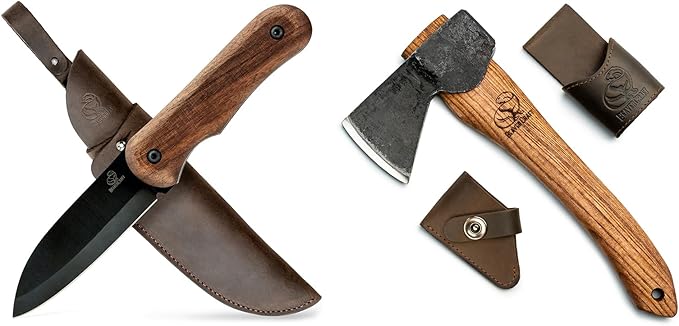 BeaverCraft BSH5 Shadow Bushcraft Knife AX1 Hand Forged Hatchet Axe with Sheath