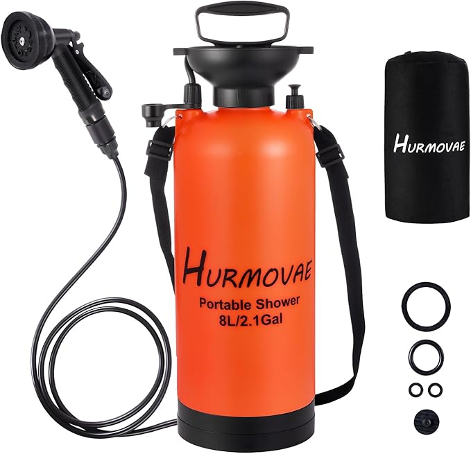 Portable Shower for Camping Beach Surfing &ampTravel 2.1Gallon (8L)10 Spray Modes Pressurized Beach Shower Camping Shower Surf Shower Portable Water Sprayer Nylon Insulated Sleeve Orange