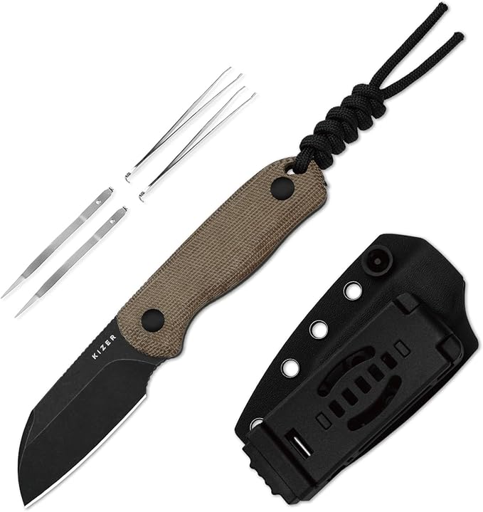 Kizer Drop Bear Fixed Blade Knife 2.56 AEB-L Blade EDC Camping Knife with Norplex UltreX™ Brown Micarta Handle &amp Built-in Tools Small Hunting Survival Knives with Adjustable Kydex Sheath 1093A
