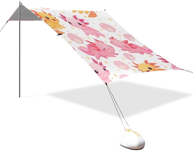 ALAZA Cute Axolotl Salamander Shell Beach Tent Sun Shelter UPF50+ Protection Beach Shade Canopy w/ 4 Sandbags for Outdoor Camping Fishing Backyard Fun Picnic 10x9 ft