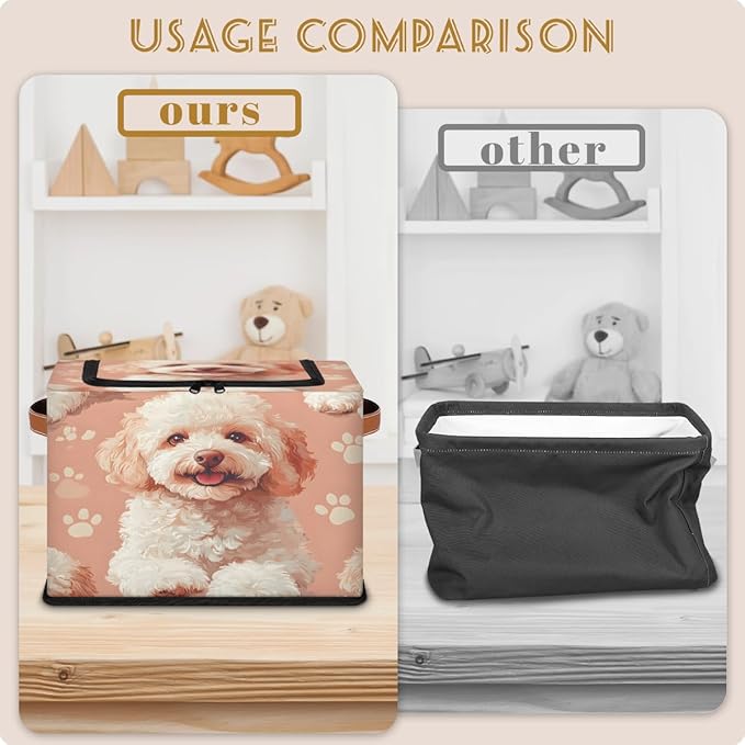 Teddy Dog Storage Box with Lid Cute Puppy Collapsible Storage Bins Baskets Cubes Closet Shelf Clothes Organizer Containers with PU Leather Handles