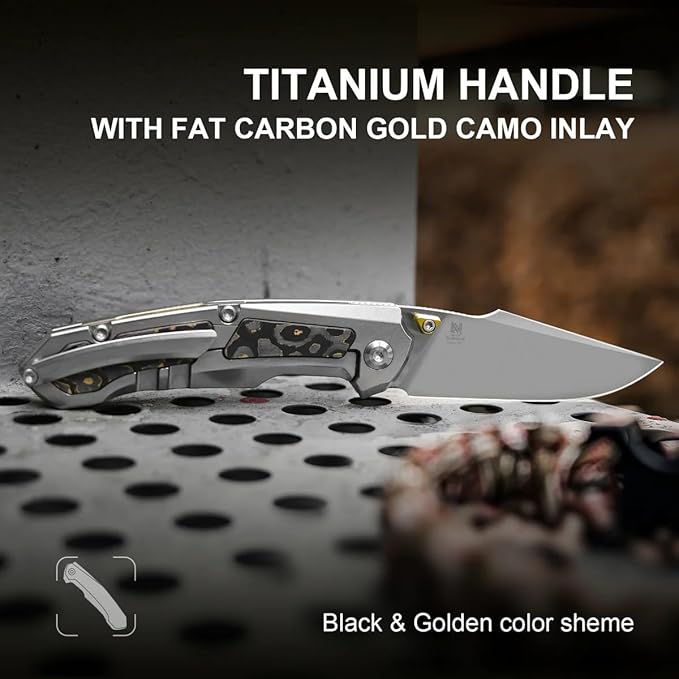 Kizer Feweed Pocket Knife 2.98 Z-Wear PM Clip Point Blade Folding Knife with Titanium Handle with CamoCarbon Gold Front Flipper &amp Thumb Stud Opener EDC Knives for Camping Hiking KI3694A4