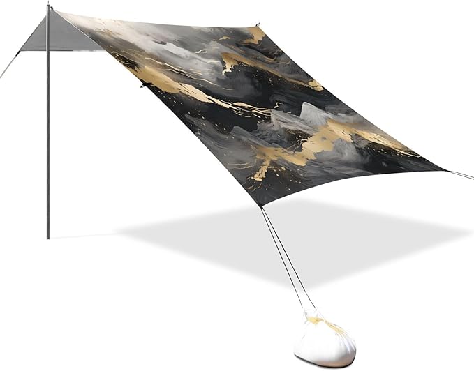 ALAZA Black &amp Gold Marble Mountain Beach Tent Sun Shelter UPF50+ Protection Beach Shade Canopy w/ 4 Sandbags for Outdoor Camping Fishing Backyard Fun Picnic 10x9 ft