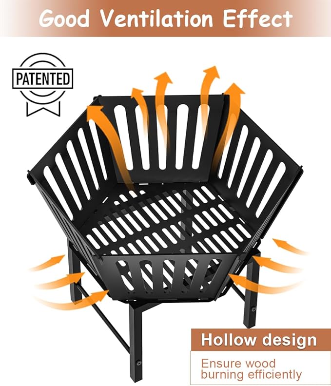 22.5 Inch Portable Hexagon Fire Pit with Travel Bag — Heightened Smokeless Design Outdoor Wood Burning Fire Pit for Camping Backyard Patio Bonfire Picnic and BBQ Vertical Hollow Style
