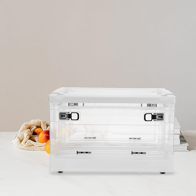 Lidded Home Storage Bins with Wheels: 29L Large Collapsible Containers with 3 Doors for Desk Storing Craft Stationery - Stationary Makeup Organizer (White)