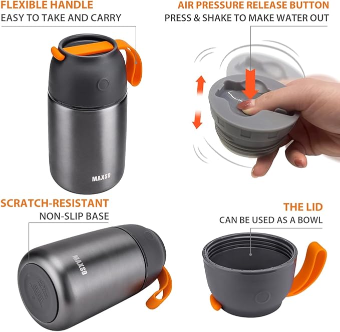MAXSO 2 Pack Soup Thermo for Hot &amp Cold Food for Kids Adults Vacuum Insulated Food Jar Thermal Lunch Containers Travel Food Flask with Spoon (24 oz17 oz) (Grey)
