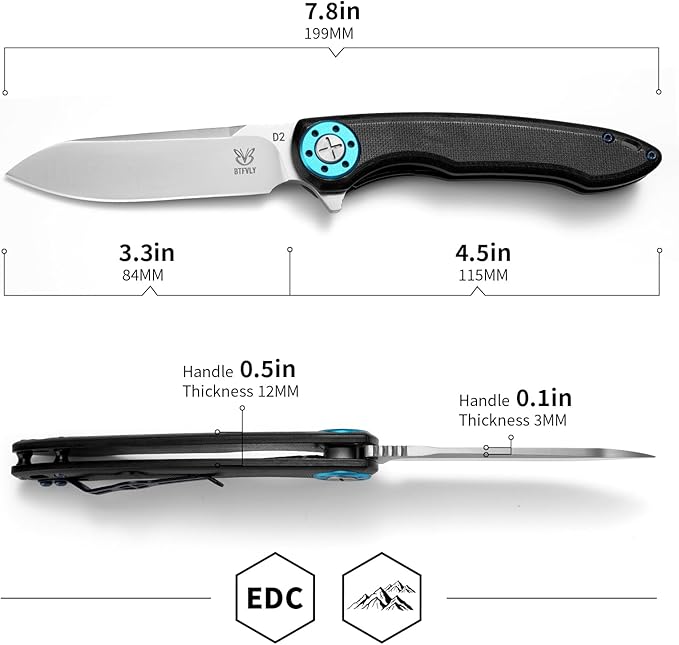 Tactical Folding Knife 7.8in with 3.3 D2 Blade G10 Handle Ambidextrous Silver Camping Survival EDC Pocket Knife with Clip