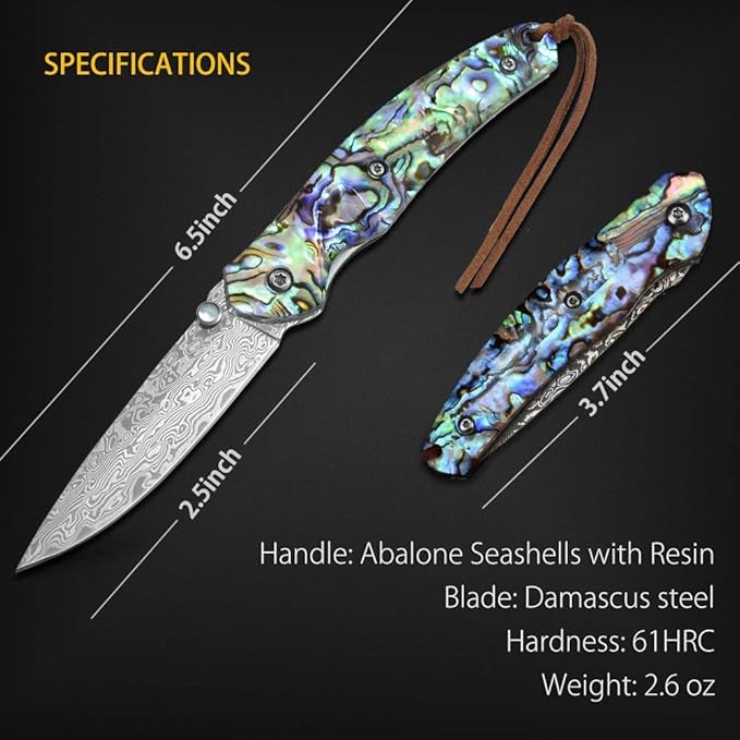 NedFoss Pocket Knife Damascus Pocket Knife with Abalone Shell Handle Handmade Forged Damascus Steel Folding Knife with Gift Box Excellent Gifts for Men Women (A-Polar Bear)