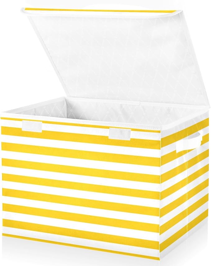 Bright Yellow and White Stripes Collapsible Storage Bins with Lids Decorative Fabric Cubes Closet Organizer Basket Boxes Containers for Clothes Box Chest Folding Rectangle