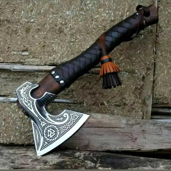 Viking Axe Carbon Steel Blade Rosewood Handle Leather Wrapped Handle Camping Axes Viking Ax Hatchet Real Tomahawk Gift Wood Splitting Axes Birthday Gift with Premium Leather Sheath