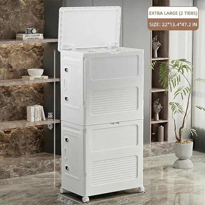 56cm Wide Foldable Storage Box with Lid and Wheels Stackable 2 Tier Organizer for Living Room Bedroom Home