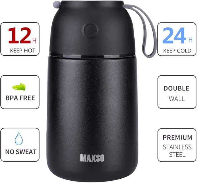 MAXSO 2 Pack Soup Thermo for Hot &amp Cold Food for Kids Adults Vacuum Insulated Food Jar Thermal Lunch Containers Travel Food Flask with Spoon (24 oz17 oz) (Black)