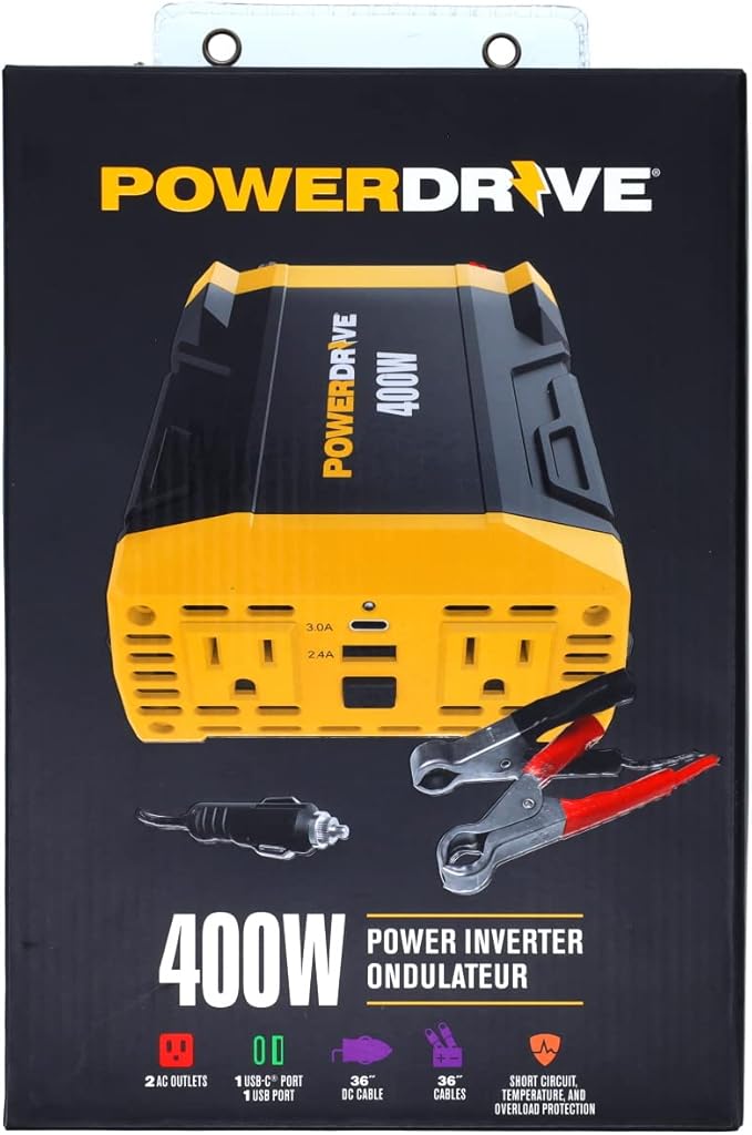PowerDrive PWD400 400 Watt Power Inverter 12v DC to 110v AC with 2 Outlets and 2 Ports
