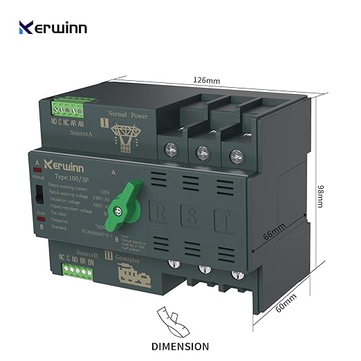 Mini ATS Automatic Transfer Switch 100 amp Manual Power Transfer Switch 110V Dual Power Electrical Selector Switches DIN Rail Mount (3P)